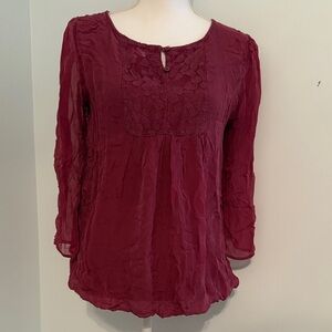 Maroon Silk Blouse with Lace Detail